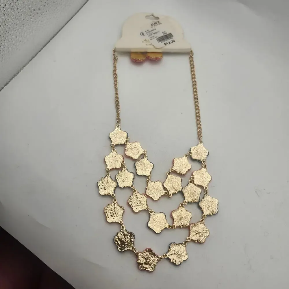 BOGOT Pink Navy Flower Statement Bib Necklace Earrings Set Gold Tone Rhinestone